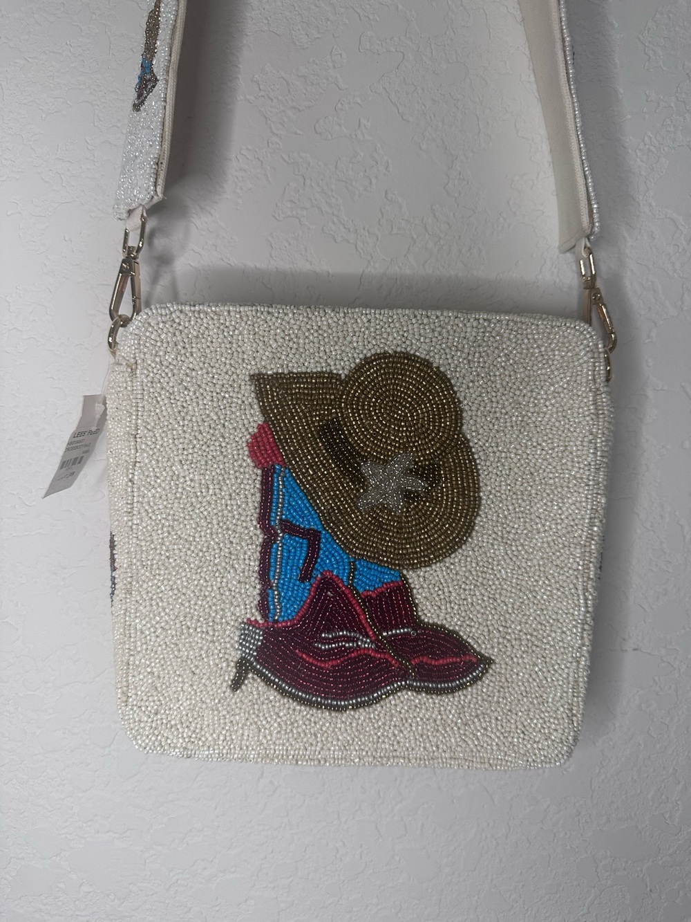Beaded White Crossbody Bag with Western Motif